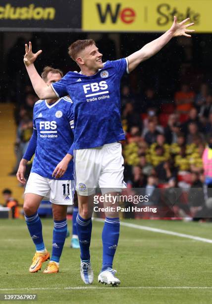Harvey Barnes of Leicester City celebrates their sides fifth goal during the Premier League match between Watford and Leicester City at Vicarage Road...