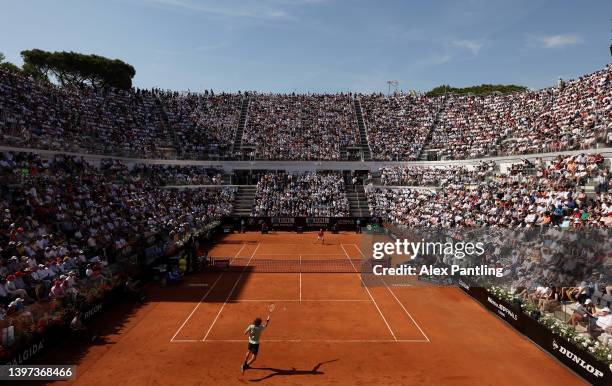 Stefanos Tsitsipas of Greece plays a forehand against Novak Djokovic of Serbia during the Men's Singles Final on Day 8 of the Internazionali BNL...