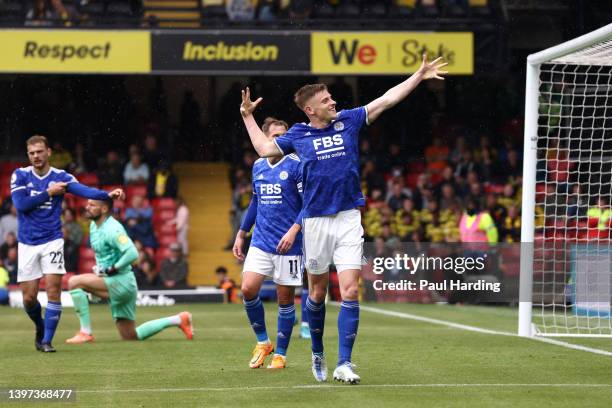 Harvey Barnes of Leicester City celebrates their sides fifth goal during the Premier League match between Watford and Leicester City at Vicarage Road...