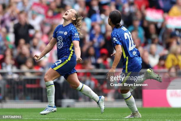 Erin Cuthbert celebrates with Sam Kerr of Chelsea after scoring their team's second goal during the Vitality Women's FA Cup Final match between...