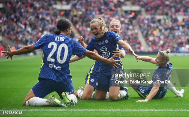 Erin Cuthbert of Chelsea Women celebrates their sides second goal with team mates Sam Kerr, Bethany England and Sophie Ingle during the Vitality...
