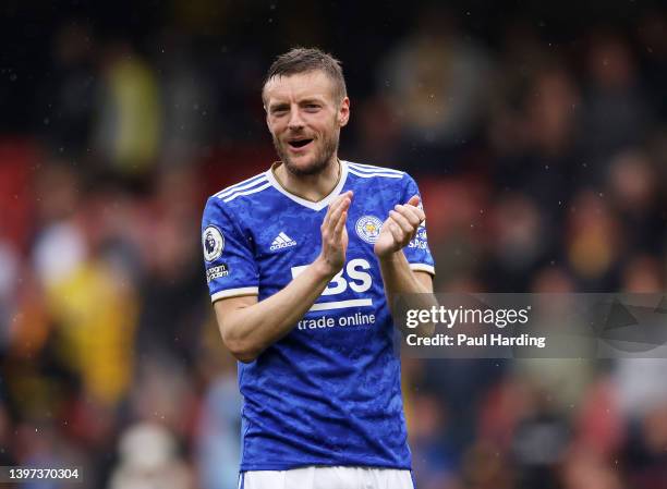 Jamie Vardy of Leicester City interacts with the crowd following the Premier League match between Watford and Leicester City at Vicarage Road on May...