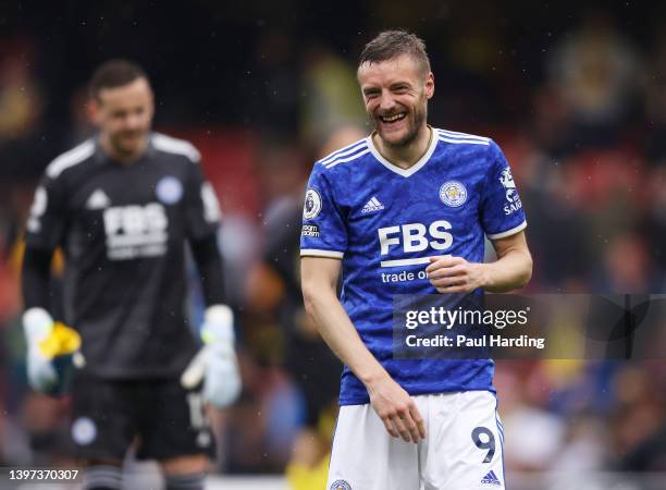 Jamie Vardy of Leicester City interacts with the crowd following the Premier League match between Watford and Leicester City at Vicarage Road on May...