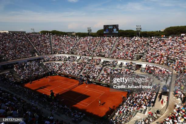 General view inside the stadium as Stefanos Tsitsipas of Greece plays a backhand against Novak Djokovic of Serbia during the Men's Single's Final on...