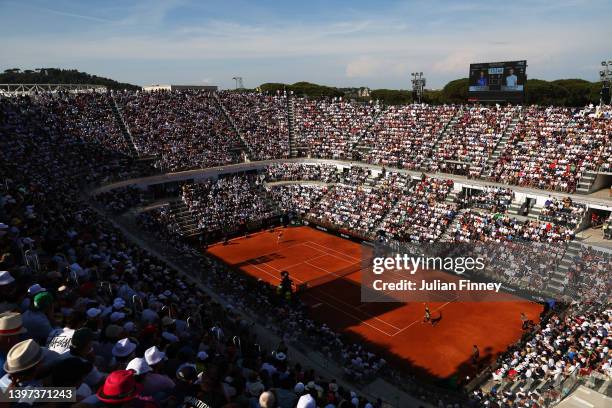 General view inside the stadium as Stefanos Tsitsipas of Greece plays a backhand against Novak Djokovic of Serbia during the Men's Single's Final on...