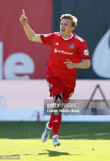 Mikkel Kaufmann of Hamburger SV celebrates scoring their side's third goal during the Second Bundesliga match between FC Hansa Rostock and Hamburger...