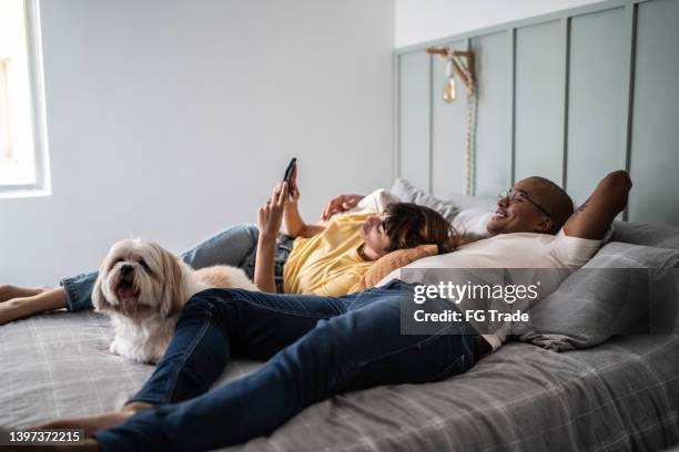 young couple using the mobile phone with the dog in the bed at home - instagram husband stock pictures, royalty-free photos & images