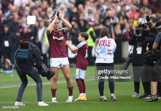 Mark Noble of West Ham United reacts following their final Home Game for West Ham United during the Premier League match between West Ham United and...