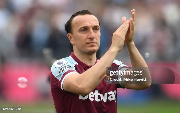 Mark Noble of West Ham United interacts with the crowd following their final Home Game for West Ham United during the Premier League match between...