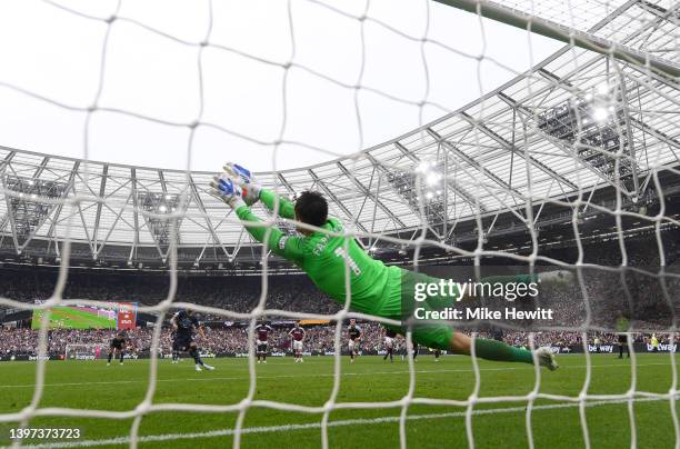 Lukasz Fabianski of West Ham United saves a penalty from Riyad Mahrez of Manchester City during the Premier League match between West Ham United and...