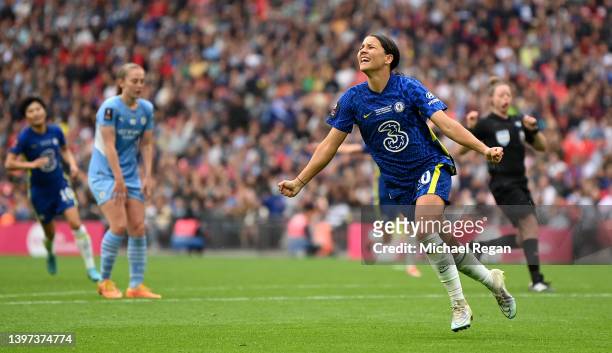 Sam Kerr of Chelsea celebrates after scoring their team's third goal during the Vitality Women's FA Cup Final match between Chelsea Women and...
