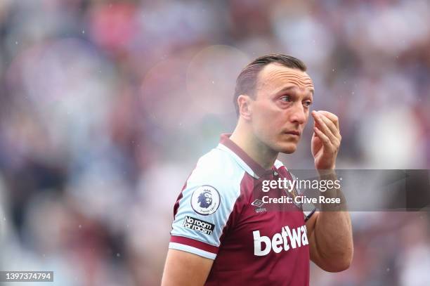 Mark Noble of West Ham United looks on during the Premier League match between West Ham United and Manchester City at London Stadium on May 15, 2022...