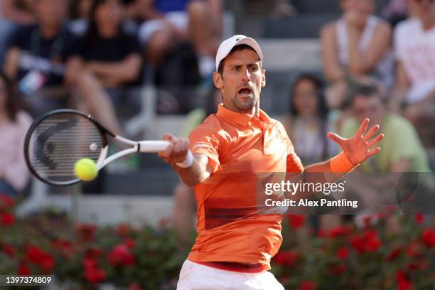 Novak Djokovic of Serbia plays a forehand against Stefanos Tsitsipas of Greece during the Men's Single's Final on Day 8 of the Internazionali BNL...