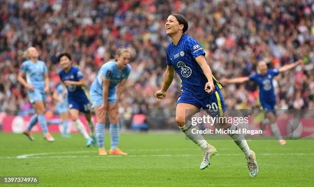 Sam Kerr of Chelsea celebrates after scoring their team's third goal during the Vitality Women's FA Cup Final match between Chelsea Women and...