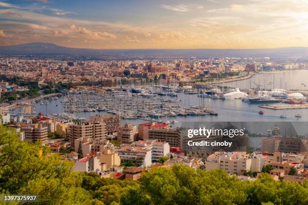 ansicht der bucht von palma de mallorca mit skyline der stadt und yachthafen, gesehen vom schloss bellver - balearische inseln, spanien - palma maiorca stock-fotos und bilder