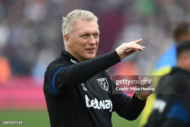 David Moyes, Manager of West Ham United interacts with the crowd following their final Home Game for West Ham United during the Premier League match...