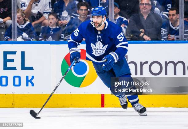 Mark Giordano of the Toronto Maple Leafs skates against the Tampa Bay Lightning in Game Seven of the First Round of the 2022 Stanley Cup Playoffs at...