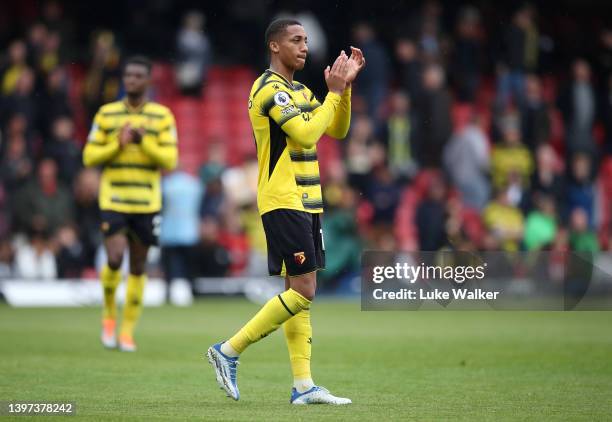 Joao Pedro of Watford FC interacts with the crowd following the Premier League match between Watford and Leicester City at Vicarage Road on May 15,...