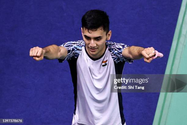 Lakshya Sen of India celebrates the victory in the Thomas Cup Final Men's Singles match against Anthony Sinisuka Ginting of Indonesia during day...