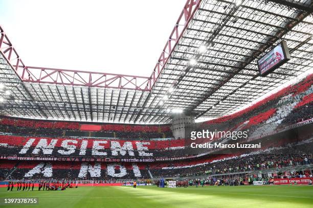Fans of AC Milan display a message inside of the stadium ahead of the Serie A match between AC Milan and Atalanta BC at Stadio Giuseppe Meazza on May...