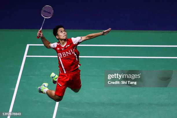Anthony Sinisuka Ginting of Indonesia competes in the Thomas Cup Final Men's Singles match against Lakshya Sen of India during day eight of the BWF...