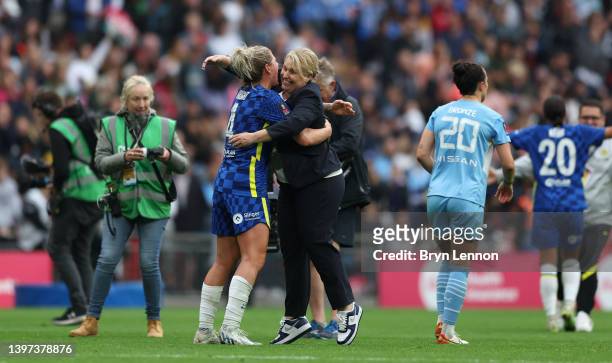 Millie Bright celebrates with Emma Hayes, Manager of Chelsea after their sides victory during the Vitality Women's FA Cup Final match between Chelsea...