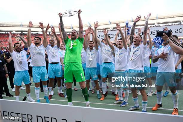 Ralf Fahrmann of FC Schalke 04 lifts with The Meisterschale trophy after winning the 2. Bundesliga after their sides victory in the Second Bundesliga...