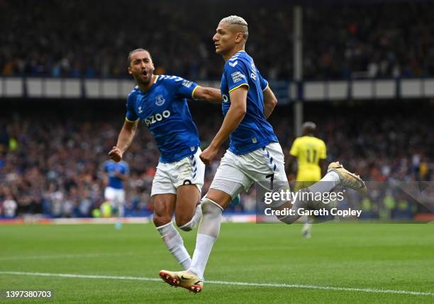 Richarlison of Everton celebrates scoring their side's second goal from a penalty with teammate Dominic Calvert-Lewin during the Premier League match...