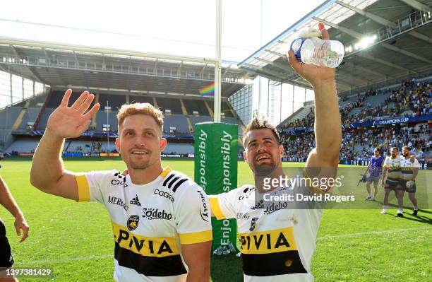 Ihaia West and Arthur Retiere of La Rochelle, celebrate after their victory during the Heineken Champions Cup Semi Final match between Racing 92 and...