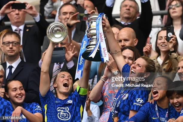 Magdalena Eriksson and Millie Bright of Chelsea lift the Vitality Women's FA Cup trophy after their sides victory during the Vitality Women's FA Cup...