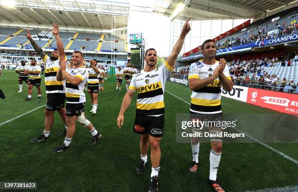 Facundo Bosch of La Rochelle leads the celebrations with team mates after their victory during the Heineken Champions Cup Semi Final match between...