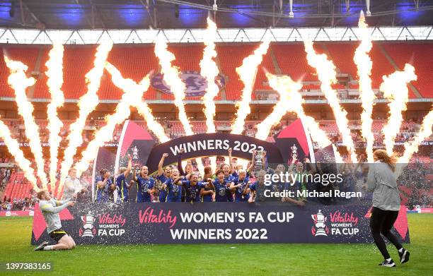 Magdalena Eriksson and Millie Bright of Chelsea lift the Vitality Women's FA Cup trophy after their sides victory during the Vitality Women's FA Cup...