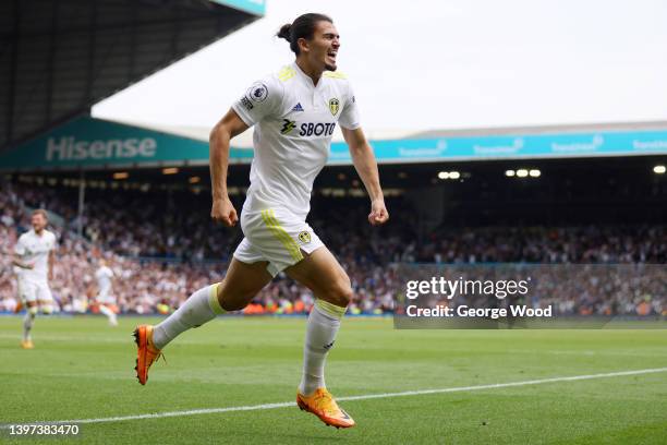 Pascal Struijk of Leeds United celebrates after scoring their side's first goal during the Premier League match between Leeds United and Brighton &...