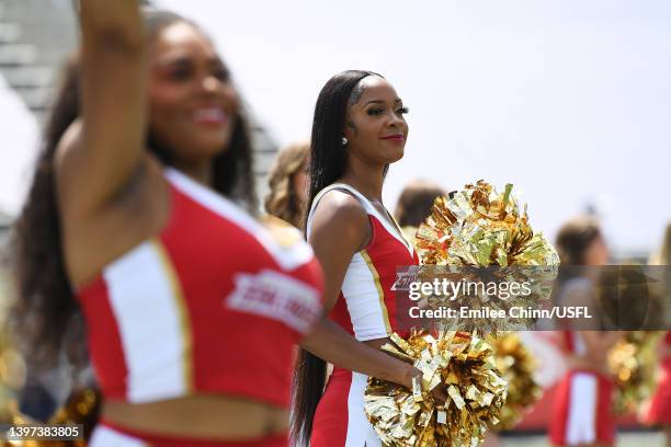 Birmingham Stallions cheerleader cheers before the game against the Philadelphia Stars at Protective Stadium on May 15, 2022 in Birmingham, Alabama.