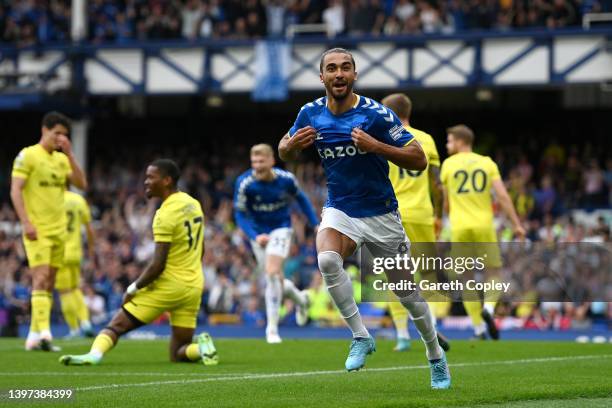 Dominic Calvert-Lewin of Everton celebrates scoring their side's first goal during the Premier League match between Everton and Brentford at Goodison...