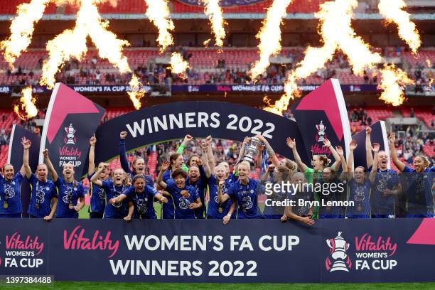 Magdalena Eriksson and Millie Bright of Chelsea lift the Vitality Women's FA Cup trophy after their sides victory during the Vitality Women's FA Cup...