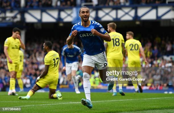 Dominic Calvert-Lewin of Everton celebrates scoring their side's first goal during the Premier League match between Everton and Brentford at Goodison...