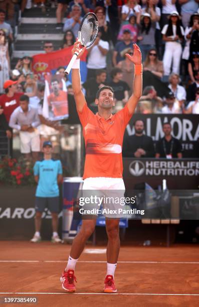 Novak Djokovic of Serbia celebrates victory following the Men's Single's Final against Stefanos Tsitsipas of Greece on Day six of the Internazionali...