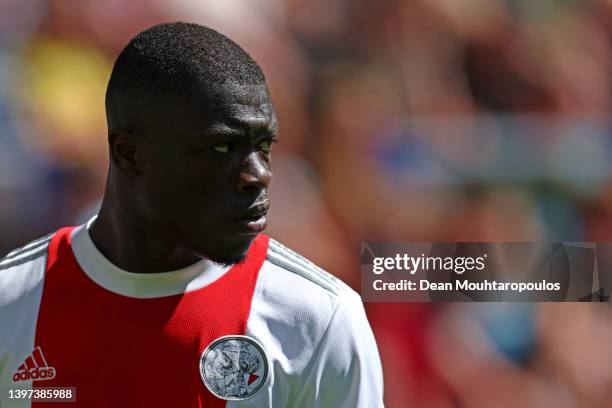 Brian Brobbey of AFC Ajax looks on during the Dutch Eredivisie match between Vitesse and Ajax Amsterdam held at Gelredome on May 15, 2022 in Arnhem,...