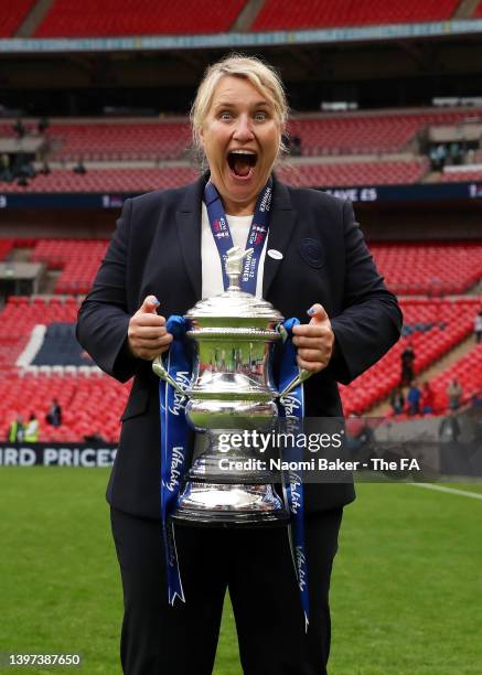 Emma Hayes, Manager of Chelsea celebrate with the Vitality Women's FA Cup trophy after their sides victory during the Vitality Women's FA Cup Final...