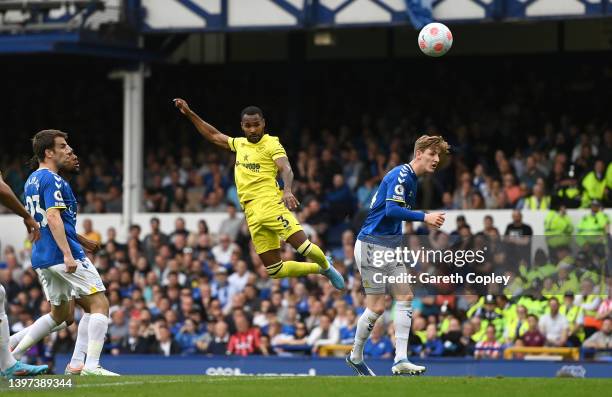 Rico Henry of Brentford scores their side's third goal during the Premier League match between Everton and Brentford at Goodison Park on May 15, 2022...