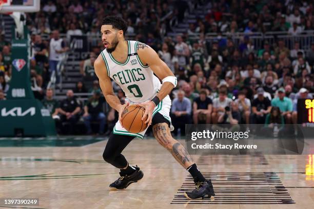 Jayson Tatum of the Boston Celtics handles the ball against the Milwaukee Bucks during Game Six of the Eastern Conference Semifinals at Fiserv Forum...