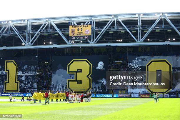 The 130 years sign on display is for the Vitesse club founded in 1892 shown prior to the Dutch Eredivisie match between Vitesse and Ajax Amsterdam...