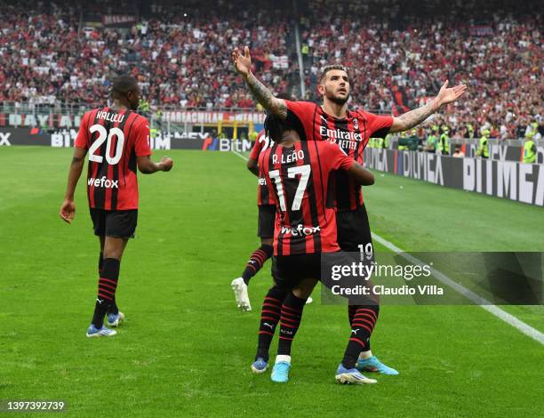 Theo Hernandez of AC Milan celebrates with Rafael Leao after scoring the second goal during the Serie A match between AC Milan and Atalanta BC at...