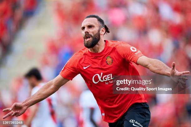 Vedat Muriqi of RCD Mallorca celebrates after scoring his team first goal during the LaLiga Santander match between RCD Mallorca and Rayo Vallecano...
