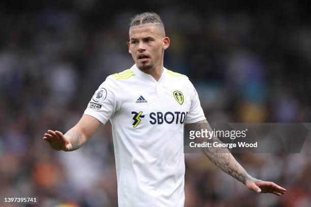 Kalvin Phillips of Leeds United reacts during the Premier League match between Leeds United and Brighton & Hove Albion at Elland Road on May 15, 2022...