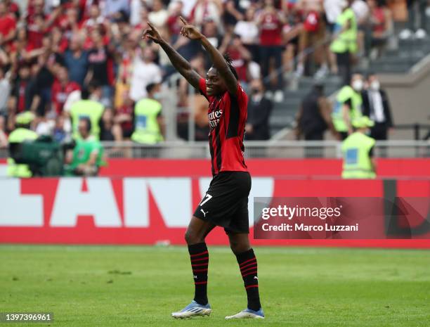 Rafael Leao of AC Milan celebrates their sides first goal during the Serie A match between AC Milan and Atalanta BC at Stadio Giuseppe Meazza on May...