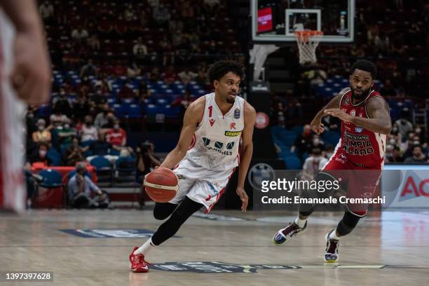Stephen Mark Thompson, #1 of Unahotels Reggio Emilia, dribbles during the LBA Lega Basket Serie A Playoffs Game 1 match between AX Armani Exchange...