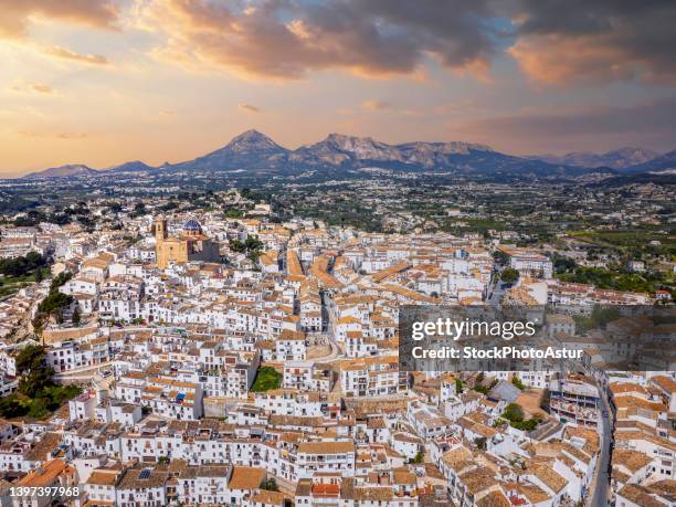 aerial view of altea with its church and the famous dome of the mediterranean. - altea stockfoto's en -beelden