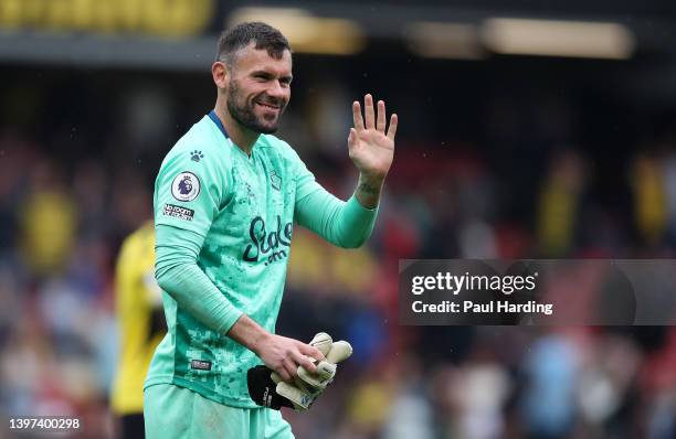 Ben Foster of Watford FC interacts with the crowd following the Premier League match between Watford and Leicester City at Vicarage Road on May 15,...